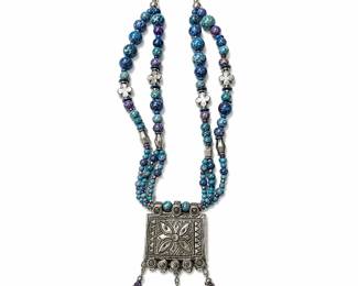 Square silver pendant w/ flower & 5 charms, teal, purple & blue beads and silver spacers
