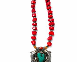 Dual-fish pendant w/ turquois center & red coral bead