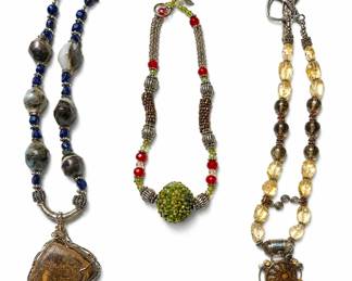 Ball w/ woven light-green glass seed beads, silver-tone & red-orange beads, w/ beadweaving sections,Ammonite pendant w/ yellow beads and smoky quartz 