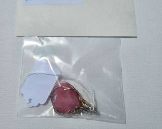 Pink Pend Iridescent pink glass stone w. gold-tone wire wrapping