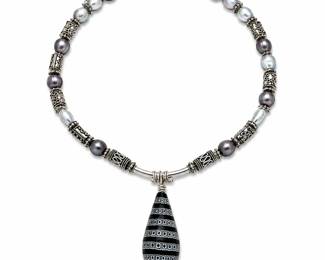 Black Teardrop Teardrop pendant w/ stripe pattern, silver-tone beads, grey pearl spacers