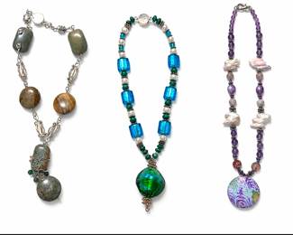 asper Jasper stones, silver spacers & beads, silver wiring, Blue & green glass beads w/ pearls and silver spacer, Face pendant with purple beads and pearlss