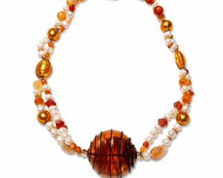 Orange Glasstwo-strands w/ orange glass centerpiece, orange beads and pearls w. silver spacers