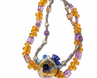 Glass flower pendant w/ citrine, amethyst & silver spacers 925 silver