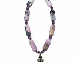 Purpse Agate Silver drop pendant w/ purple agate & amethyst beads 925 sterling