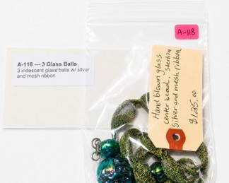3 iridescent glass balls w/ silver and mesh ribbon