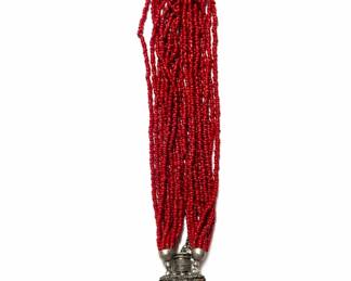 Turquoise  Tibetan box pendant w/ red coral bead strand