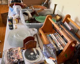 DVDs, CD's, vintage glassware, art supplies