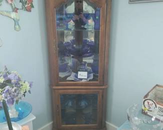 Corner Hutch with blue glass inside
