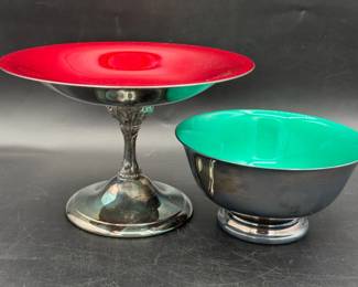 (2) Stickered vintage Mid-Century Reed & Barton silver-plated bowls With Enamel Interiors