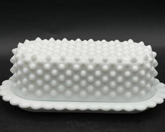 Hobnail Milk Glass Covered Butter Dish