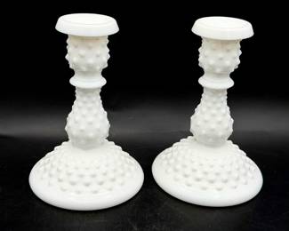 (2) Hobnail Milk Glass Candle Holders