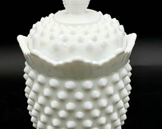 Signed Fenton Hobnail Milk Glass Covered Dish