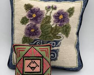 (2) Vintage Crewel Pillows