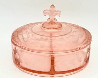 Pink Depression Glass Divided Candy Dish With Lid