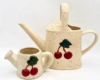 (2) cherry-patterned speckled stoneware watering can planters