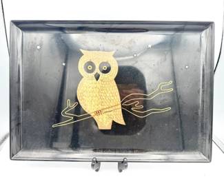 vintage Mid-Century Modern Couroc of Monterey black phenolic resin tray With Owl Design