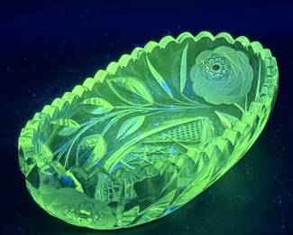 Vintage Glass Celery Dish With Rose Motif — Ultraviolet Green Glow