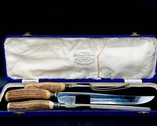 Latham & Owen vintage 3-piece Sheffield carving set featuring stag horn handles
