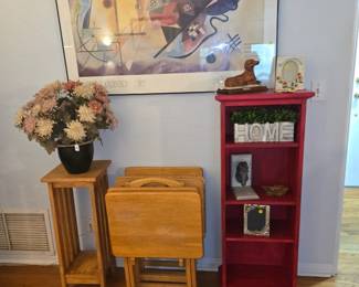 Wood TV Trays with Stand, Red Shelving. Wppd Plant/Stature Stand with Bottom Shelf, Large Artwork