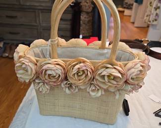 Straw Handbag with Roses