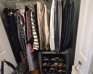 Clothing- most size 14, hats Shoes, most 8-8.5. Canvas Shoe Storage with drop front to keep dust off