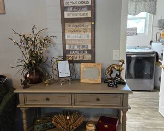 Accent Table with Misc Decorator Items. 2 Drawers & 2 Shelves