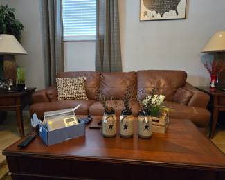 Leather Couch, End Tables, Coffee Table. Misc