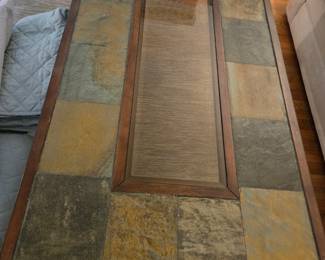 Slate Coffee Table with Clear Glass Middle Insert. (Has 2 Matching End Tables)