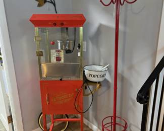 Nostalgia Popcorn Cart & Red Metal Coat/Umbrella Tree
