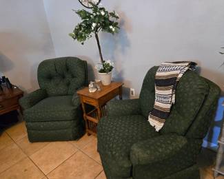 2 Upholstered Swivel Recliners. Magazine Stand/Table, Silk Tree