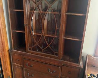 vintage mahogany breakfront china cabinet with bubble glass