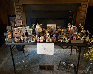 Dolls, trinkets, dog bowls, vases