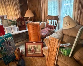 Oversized chair that goes with living room furniture set, picture, lamps, exercise equipment, jewelry boxes, wooden chair