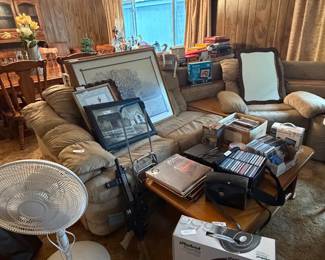 Living room sectional furniture, Fan, I-Robot Roomba, Pictures, mirror, coffee table, CD's, records