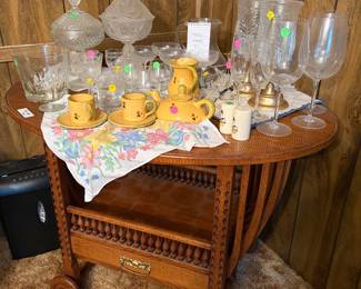 Glass candy dishes, tea set and glasses- antique beverage cart NFS