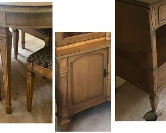 Beautiful Dining Room Set Includes:                                            Dining Room Table without leaves 56 inches long x 39 1/2 inches wide x 29 inches tall. Table has written on the bottom Y7460 There are 3 leaves 12 inches each. $155                                      Dining Room Chairs are marked  958-75 E-2846 written YA2233 $145                    China Cabinet/Hutch is 50 inches wide x 15 1/2 inches deep x 70 inches tall. $100                Buffet/Bar Cart is 38 1/2 inches wide when closed, 61 1/2 inches wide when open x 19 1/2 inches deep x 31 1/2 inches tall $165  OR THE WHOLE  SET IS was $500