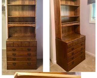 2 Piece Vintage Ethan Allen Heirloom Nutmeg Maple Cabinet with Hutch. Base is 30 inches Wide x 18 inches Deep x 30 inches Tall without the Shelves. Shelves are 30 inches Wide x 9 inches Deep x 48 inches Tall. Was $200