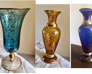  *Bohemian Czech Gold Gilded Floral Enameled Vases