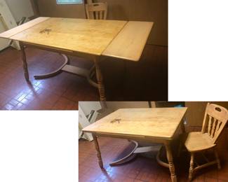 Unique Danish Table with 2 Hidden Side Leaves (Pop & Lock) is 54 inches long without the leaves, each leaf is 12 inches so table expands to 78 inches long, x 36 inches wide x 30 inches tall (has a detached Middle Leg) was $100  Matching Chair $25
