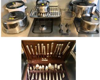 * Kitchen Pots & Pans, Pressure Cooker, Set of Silver Plate Silverware & More