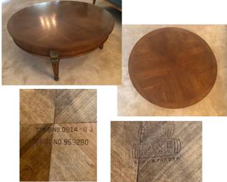 MCM Lane Virginia Round Coffee Table is 38 inches round x 14 1/2 inches tall.  Style Number 0914-03 Serial Number 959280 was $300