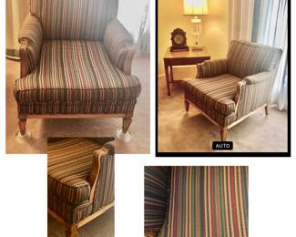 MCM Blue Sofa is 86 inches long 22 1/2 inches deep 31 inches tall. Style/Legs Match Striped Chair $225 or $300 Both   *Pre-Sale MCM Striped Chair 29 inches wide x 26 inches deep x 29 1/2 inches tall. Style/Legs Match Blue Sofa. $125 or was $300 Both