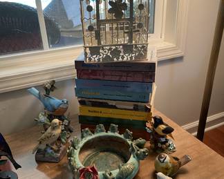 Bird cage, bird figurines 
