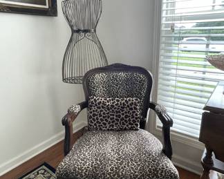 Leopard print chair, dress form coat rack