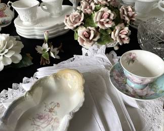Milk glass, hand painted porcelain