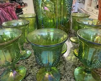 Carnival glass pitcher & goblets