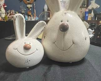 Distressed White Crackle Glaze Ceramic Bunny Figurines, Set of