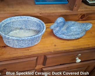 Blue Speckled Ceramic Duck Covered Dish