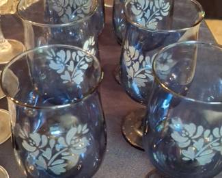 Set of Blue Toned Goblets with Floral Etching  Princess House Heritage